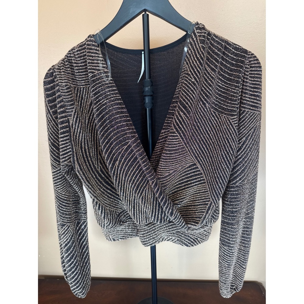 Chocolate USA Womens‎ Metallic Gold Black Wrap V-Neck Crop Top Blouse Large